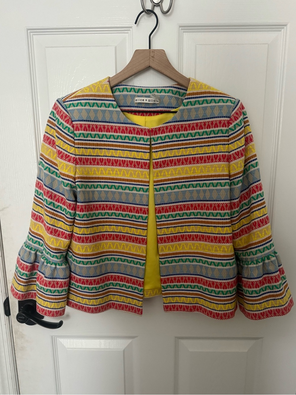 Alice + Olivia Kidman Embroidered Stripe Ruffle Sleeve Jacket L